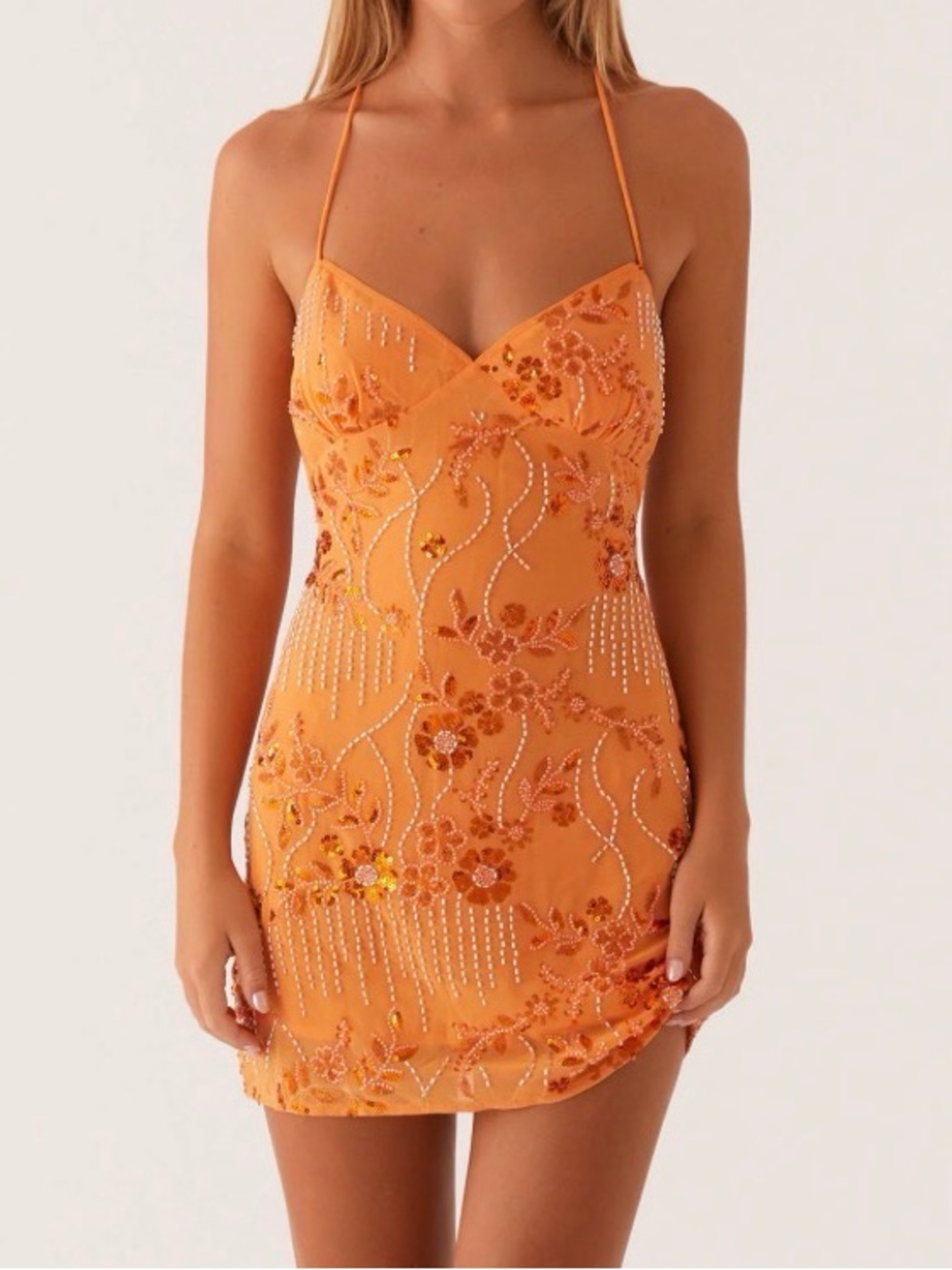 NWOT Peppermayo Orange Beaded Floral Spaghetti-Strap Mini Dress